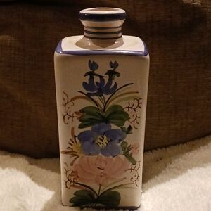 Floral Design Ceramic Vase with Striped Lid in Cream and Blue